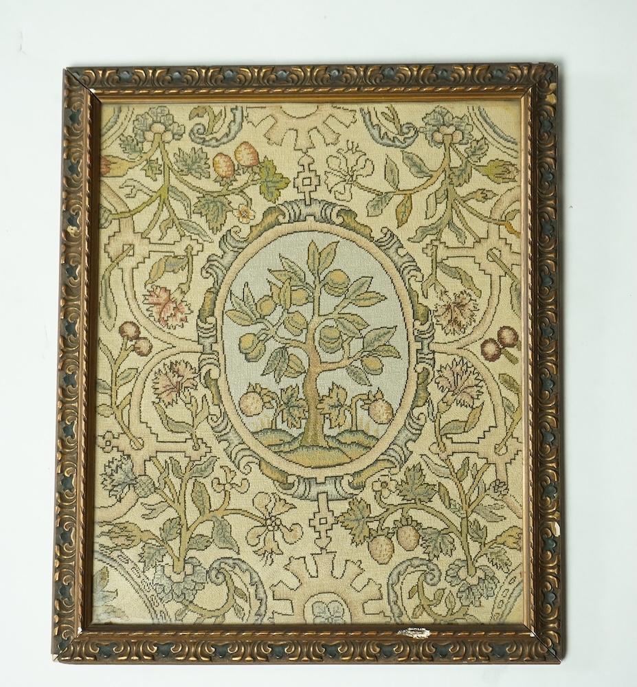 A 20th century framed fine petit point panel, worked with a framed central cartouche of a fruit tree, surrounded by an ornate vining fruit border. 25cm wide x 31cm high. Condition - all the colours and threads are strong